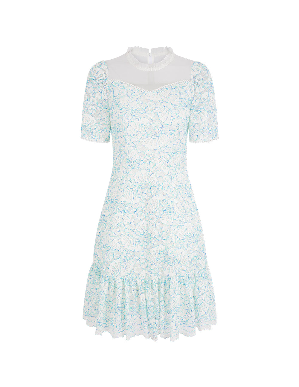 BORA AKSU Transparent Mesh Patchwork Lace-Trimmed Floral Print Trumept Midi Dress