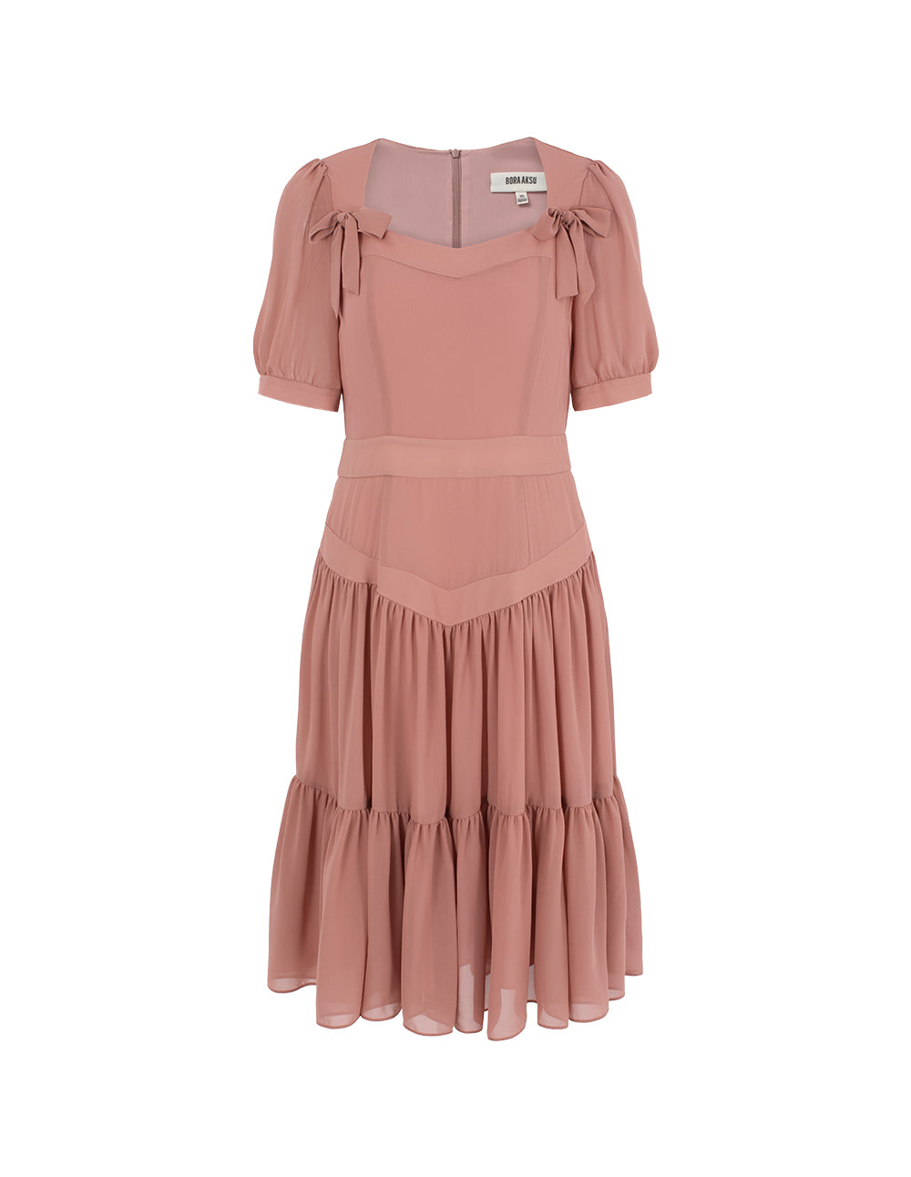 BORA AKSU Diamond Collar Bubble Short Sleeve Bowknot Flounce Midi Dress