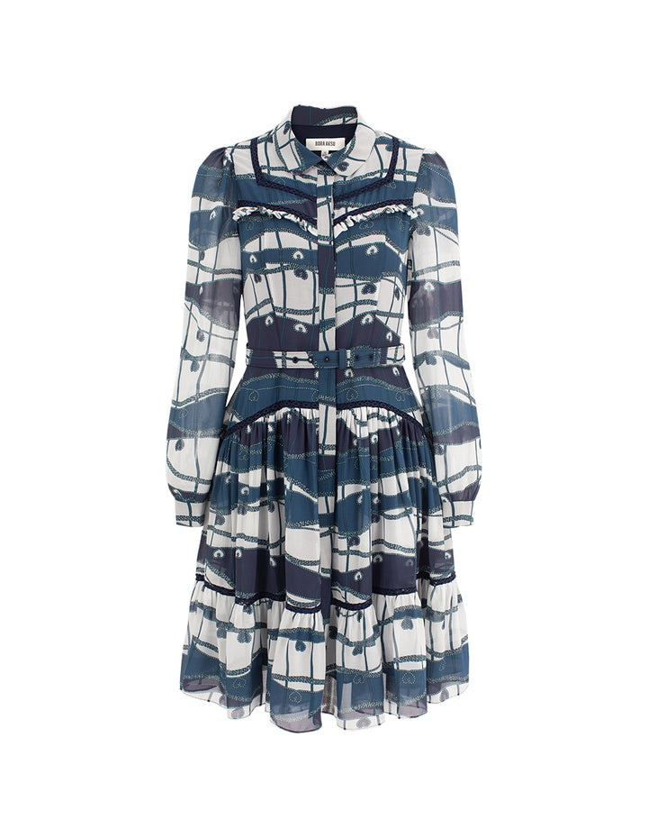 BORA AKSU Long Sleeve Blue Ocean Print Pleated Midi Dress