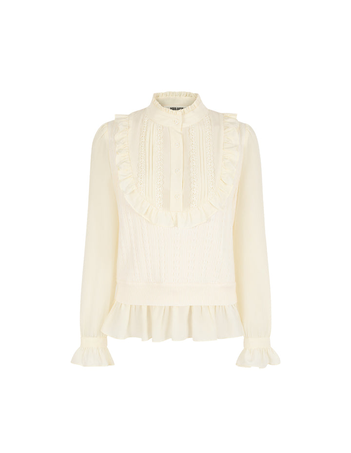 BORA AKSU Ruffled Mandarin Collar Pin-Tuck Wool Blend Knit Top