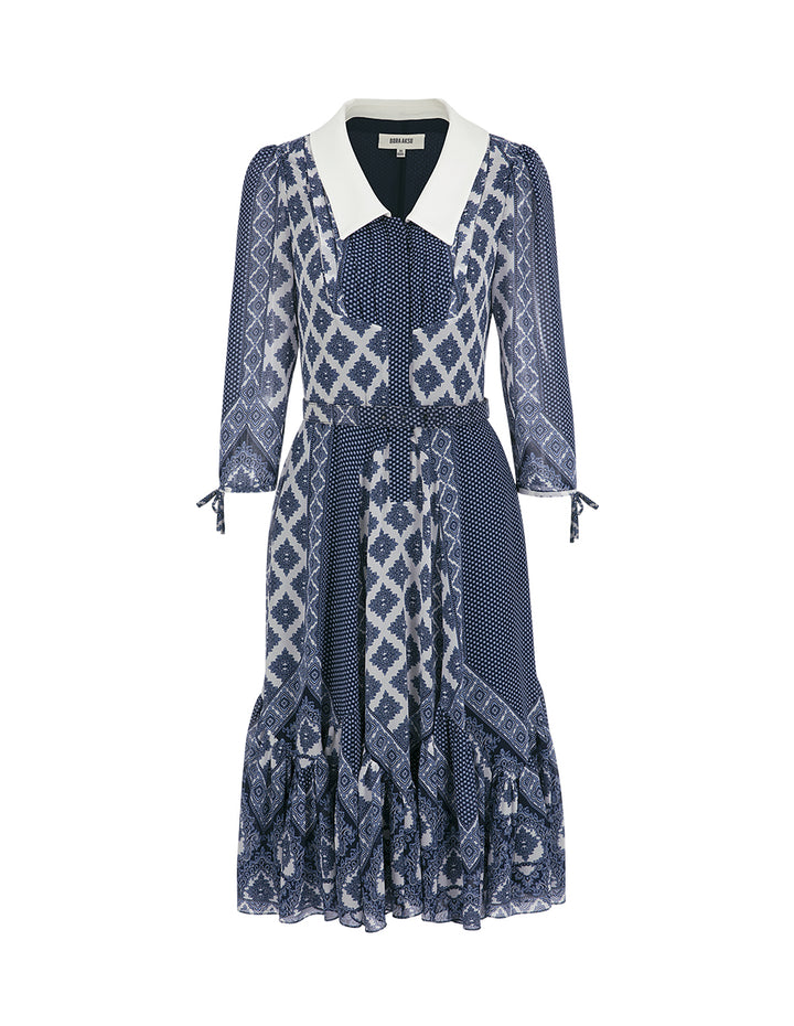 BORA AKSU French Retro Puff Sleeve Ruffle Print Dress