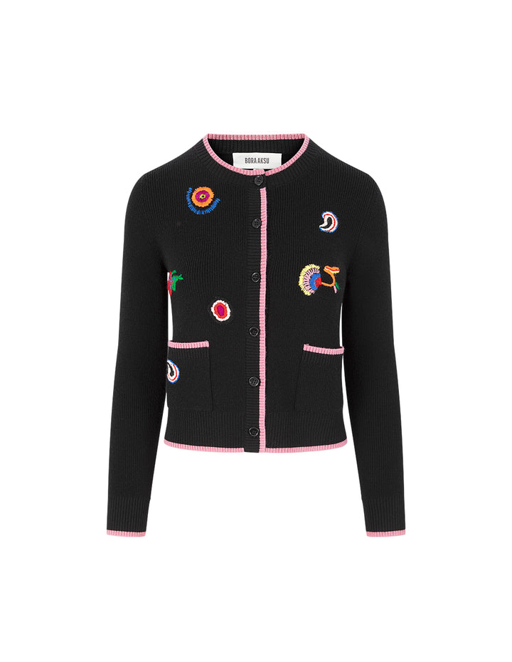 BORA AKSU Crew-Neck Long-Sleeve Hand-Embroidered Knitted Cardigan