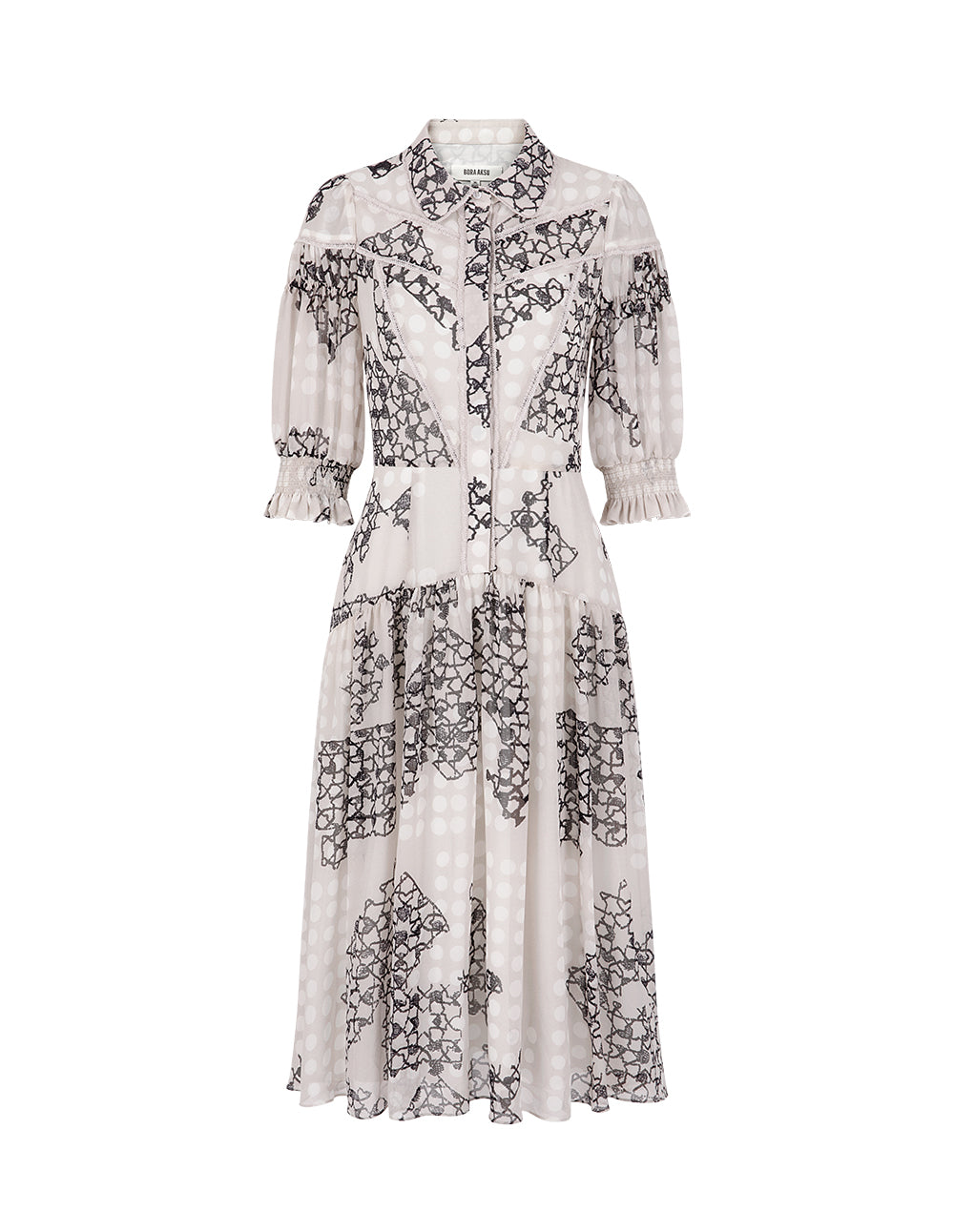 BORA AKSU French Shirt-Style Puff-Sleeve Pleated Printed Dress