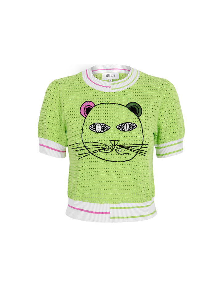 BORA AKSU Handhook Cat Pattern Hollow Textured Knitted T-shirt