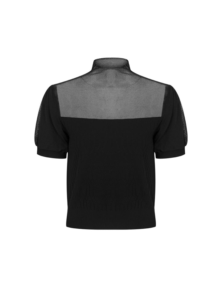 BORA AKSU Stacked Stand Collar Short Sleeve Color Block Knit Top