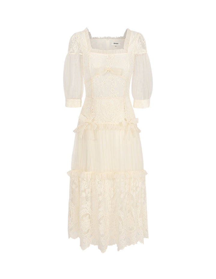BORA AKSU Palace Style Lace Mesh Patchwork Pleated Dress