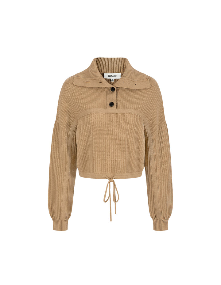 BORA AKSU Turn-Down Collar Wide Drawstring Loose Wool Knitted Pullover