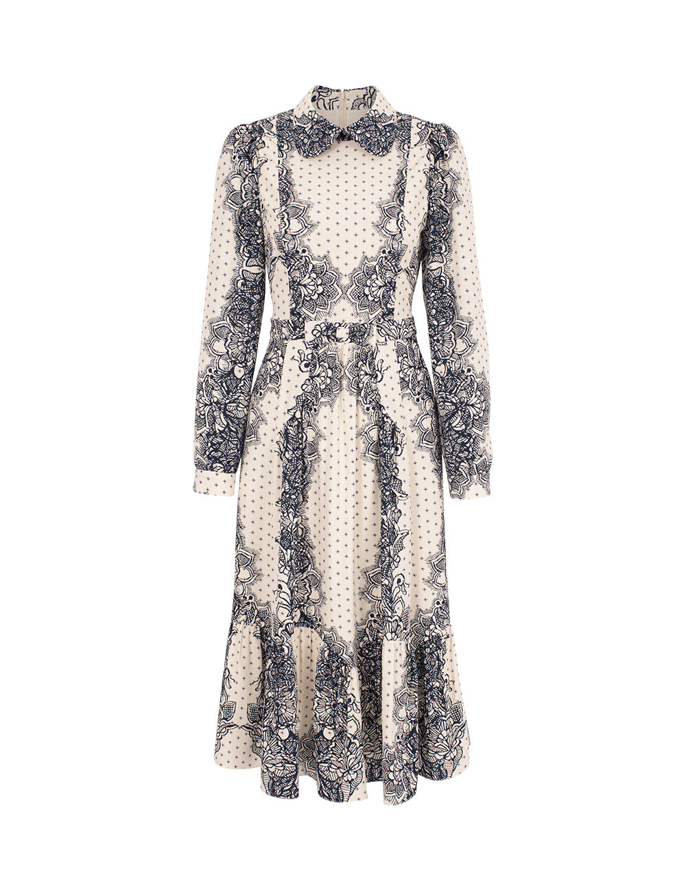 BORA AKSU Lapel Puff Long Sleeve Polka Dot Floral Lace Print Pleated Midi Dress