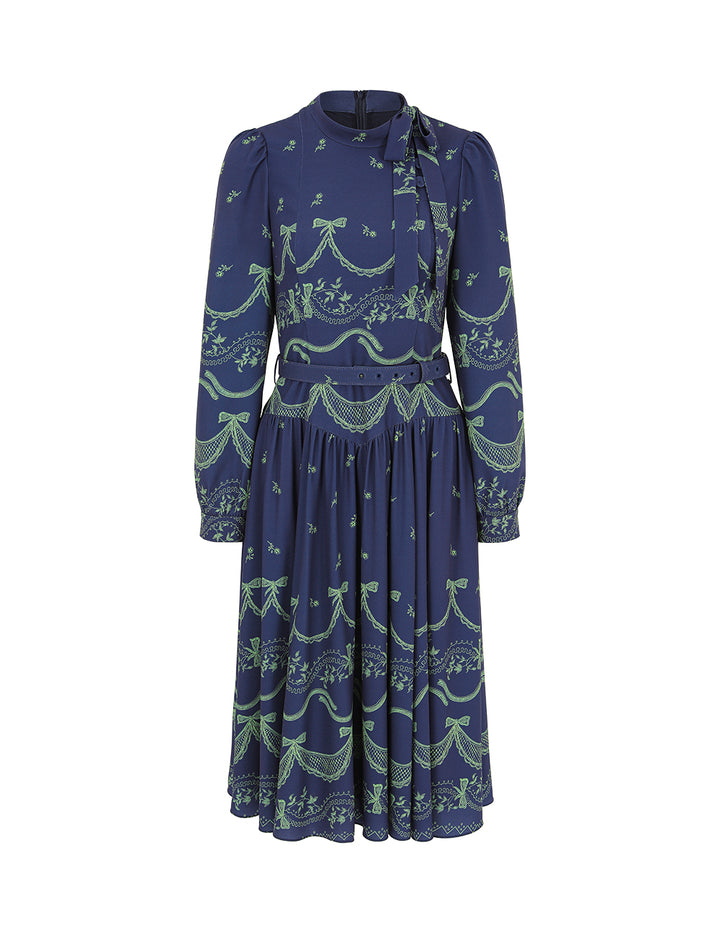 BORA AKSU Mandarin Collar Tie-Down Side Button Floral Print Puff Sleeve Pleated Midi Dress
