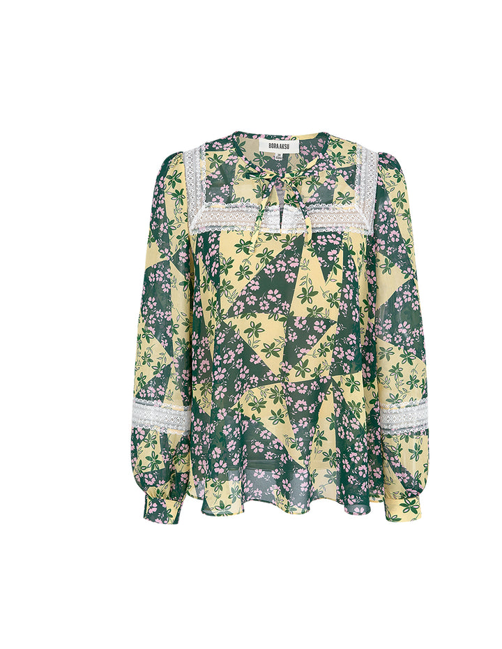 BORA AKSU Bubble Sleeve Tie-Neck Floral Print Blouse