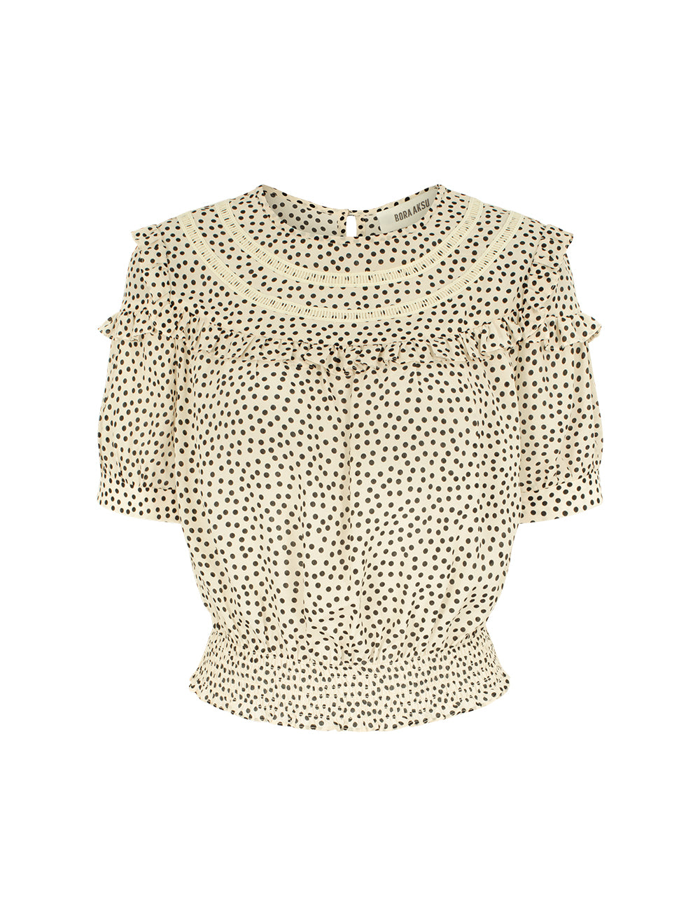 BORA AKSU Round Neck Puff Short-Sleeve Polka Dot Ruffle-Trim Top