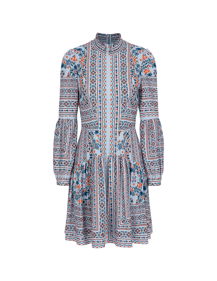 BORA AKSU Ruffle-Collar Puff Long-Sleeve Printed Pleated Midi Dress