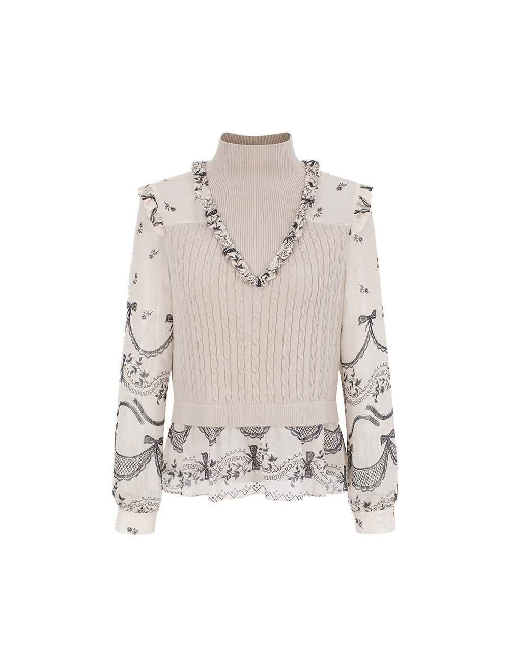 BORA AKSU Ribbed Mandarin Collar Patchwork Floral Print Knit Top