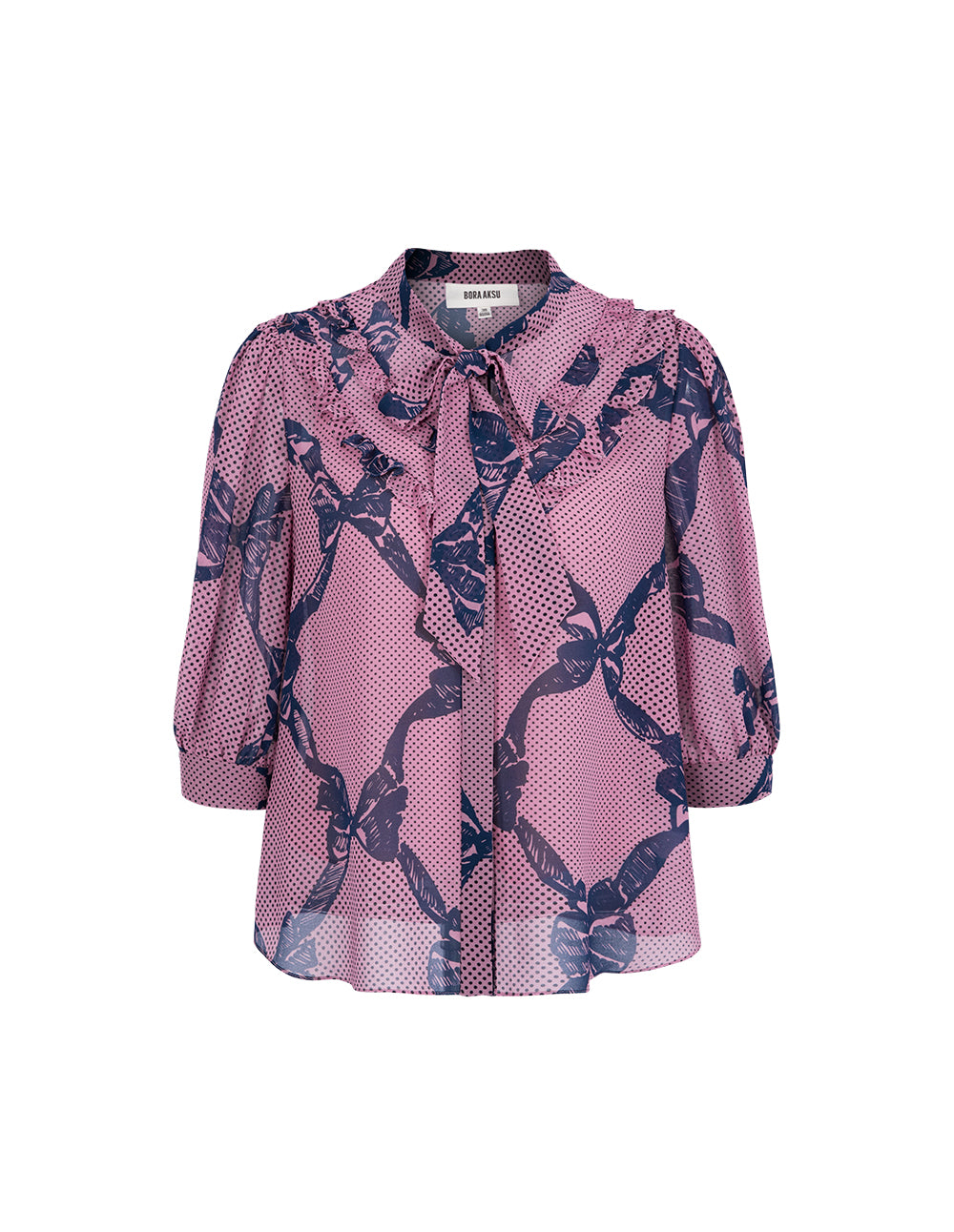 BORA AKSU French Puff Sleeve Ruddles Bow Printed Blouse
