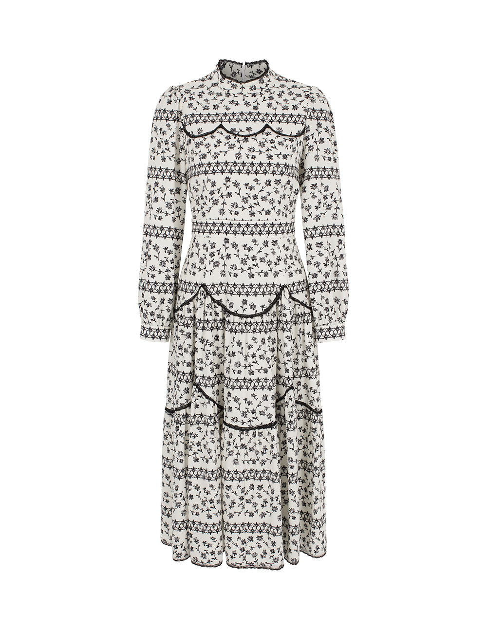 BORA AKSU Turtleneck Collar Lace-Ruffle-Trim Floral Pleated Midi Dress