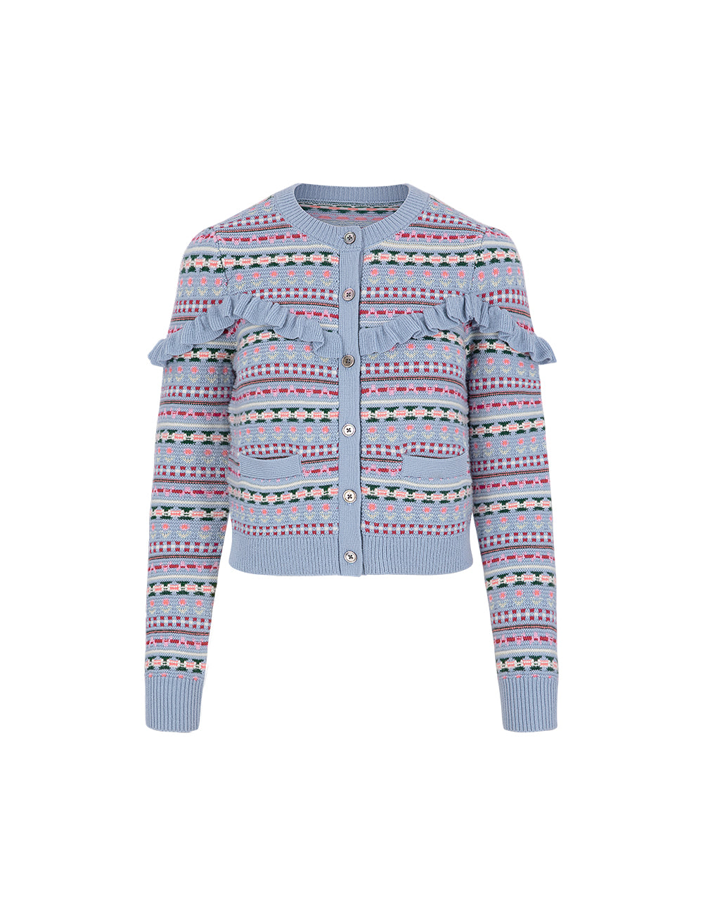 BORA AKSU Fair Isle jacquard crew neck ruffled knitted cardigan