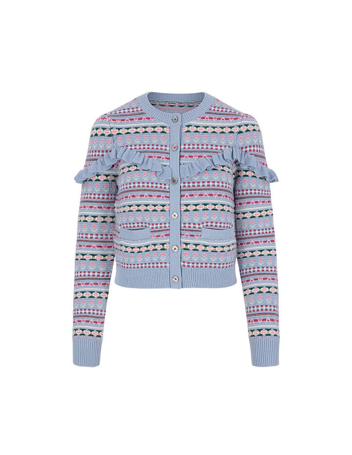 BORA AKSU Fair Isle jacquard crew neck ruffled knitted cardigan