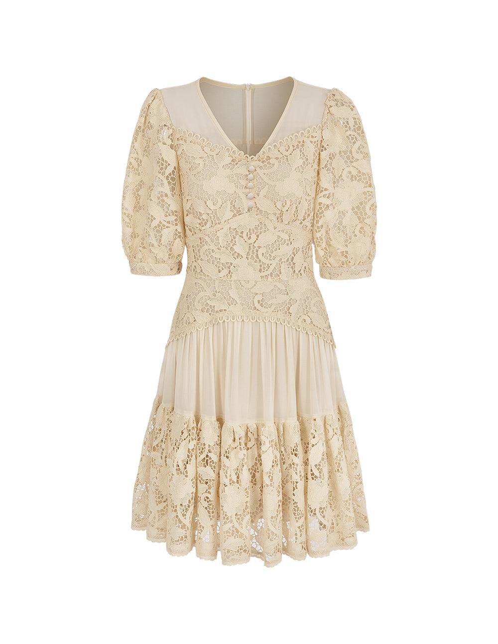 BORA AKSU Beige Lace Dress With Puff Sleeves And Scalloped Hem
