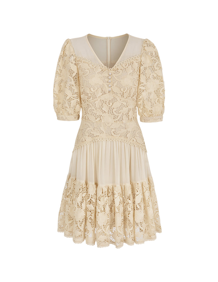 BORA AKSU Beige Lace Dress With Puff Sleeves And Scalloped Hem