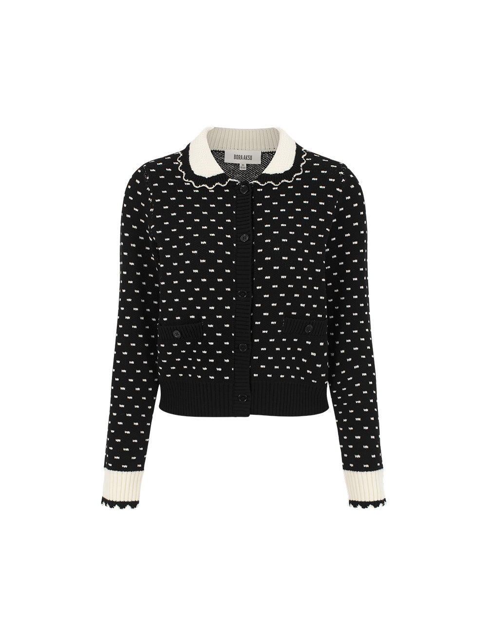 BORA AKSU Peter Pan Collar Long Sleeve White Polka Dot Wool Knit Cardigan