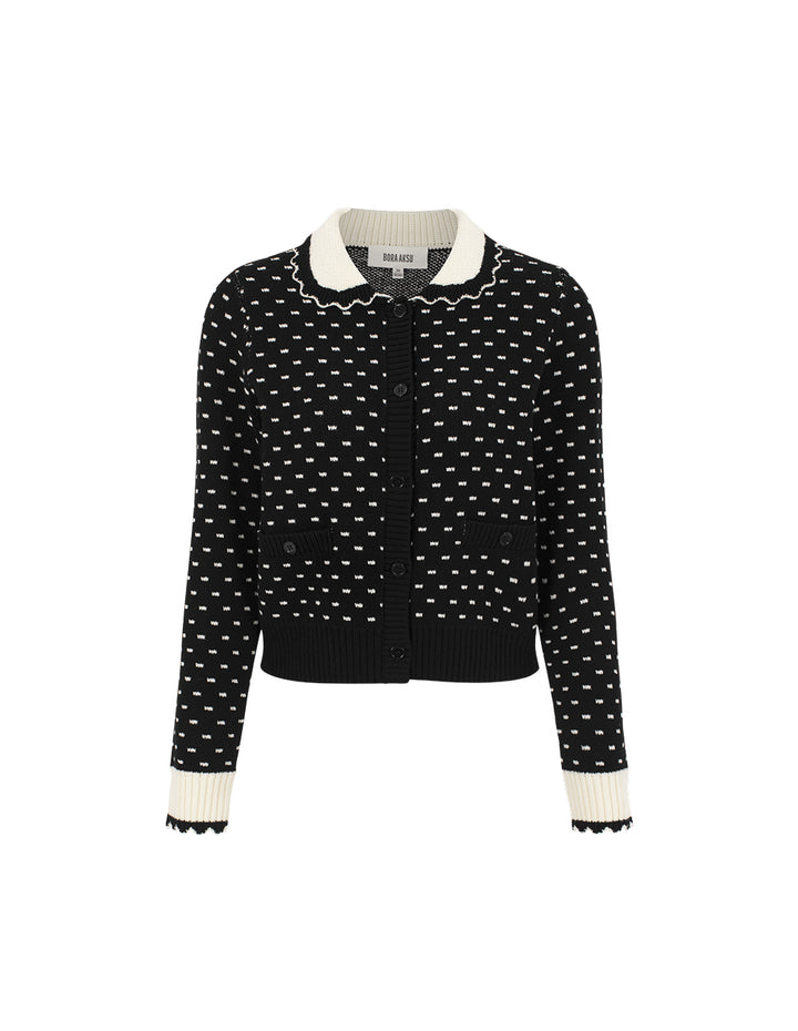 BORA AKSU Peter Pan Collar Long Sleeve White Polka Dot Wool Knit Cardigan