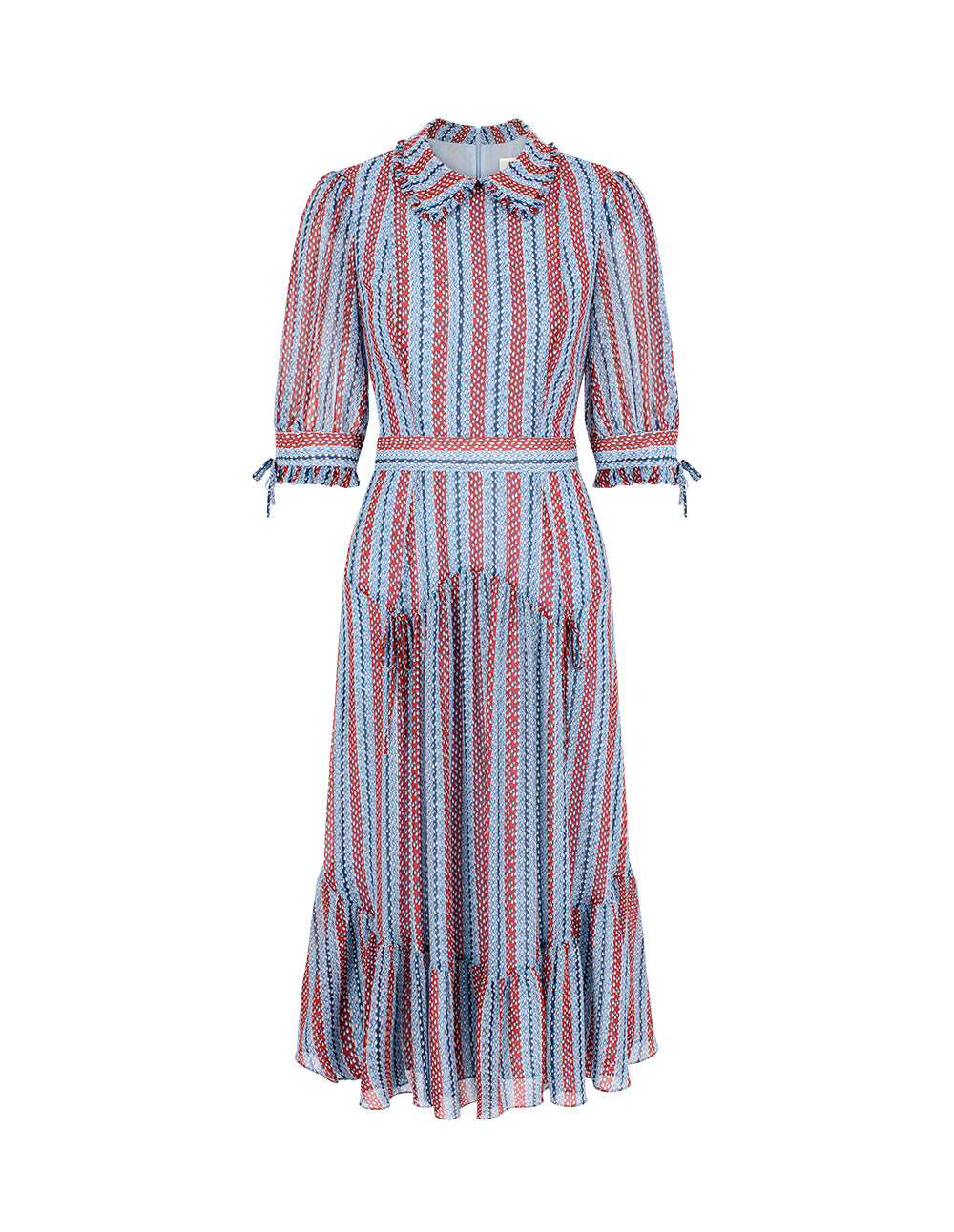 BORA AKSU Ruffled Peter Pan Collar Blue Red Stripe Raindrop Print Pleated Midi Dress