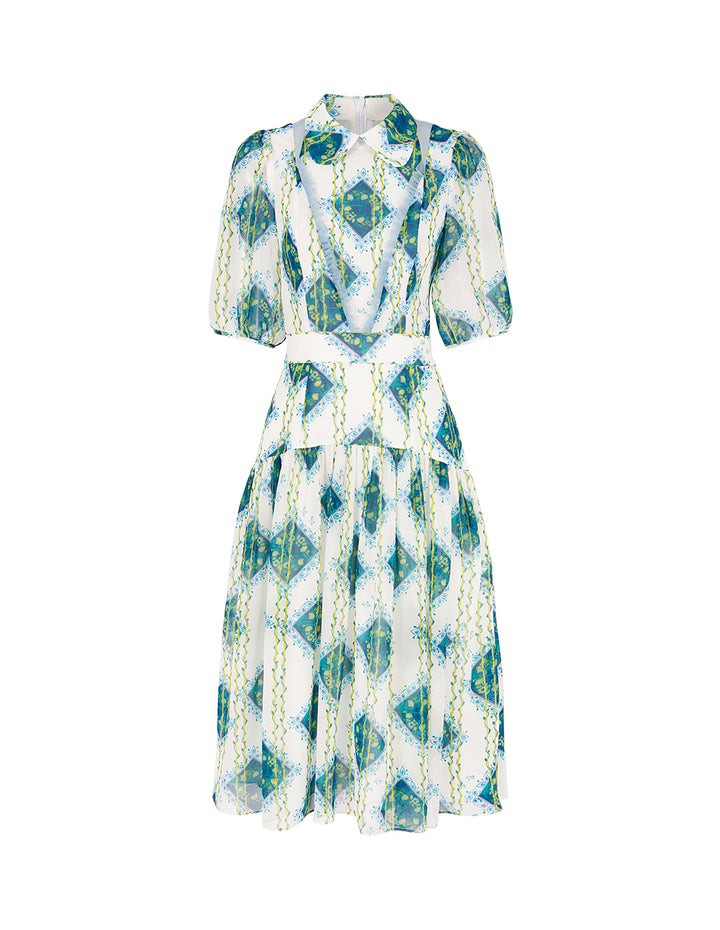 BORA AKSU Lapel Puff Short Sleeve Empire-Waist Geometric Print Pleated Midi Dress