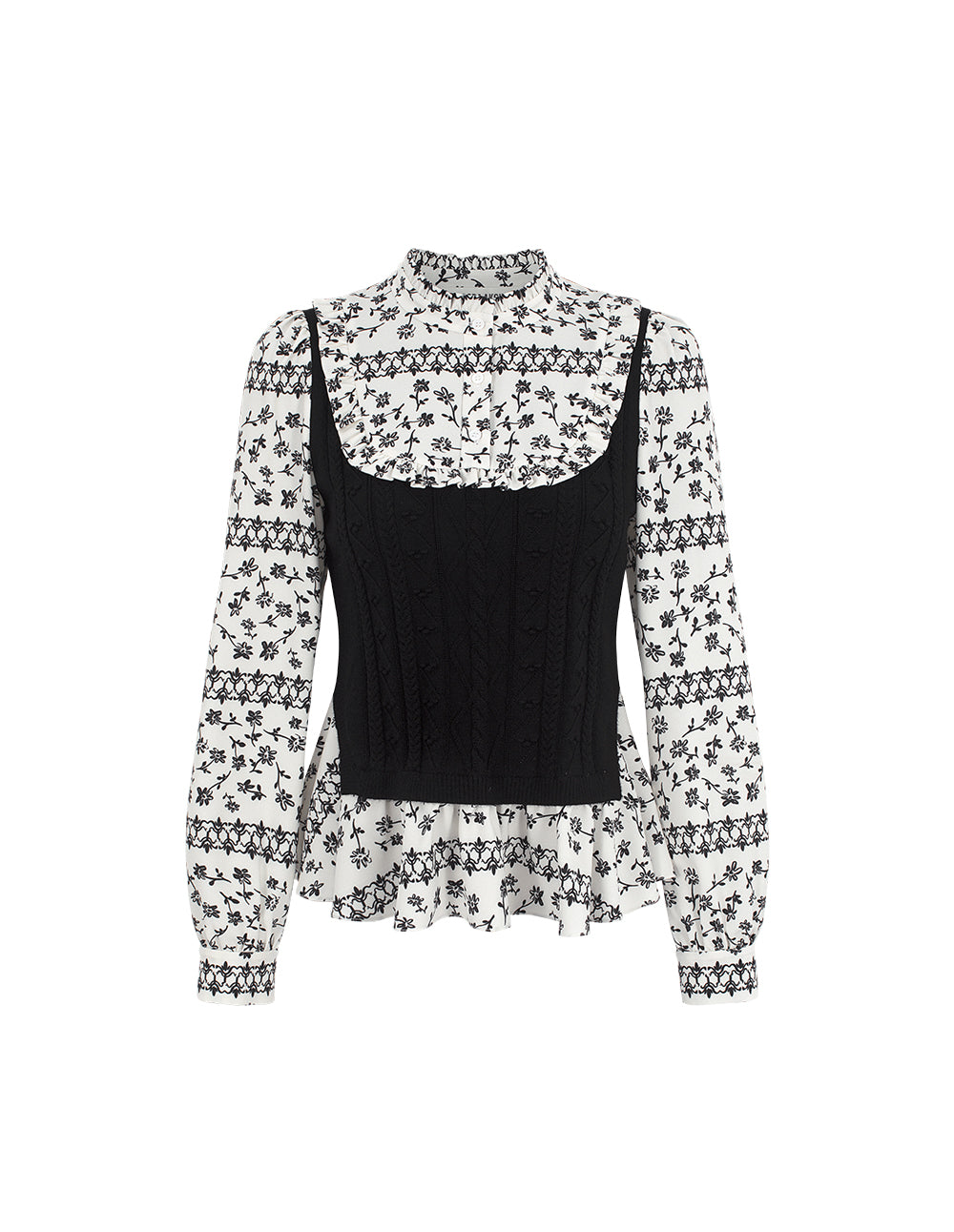 BORA AKSU Ruffled Turtleneck Long Sleeve Floral Patchwork Knit Top