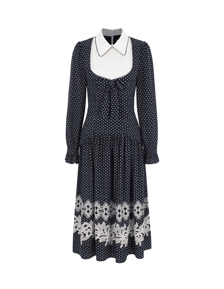 BORA AKSU Peter Pan Collar Pin-Tuck Puff Sleeve Lace Trim White Polka Dot Dress