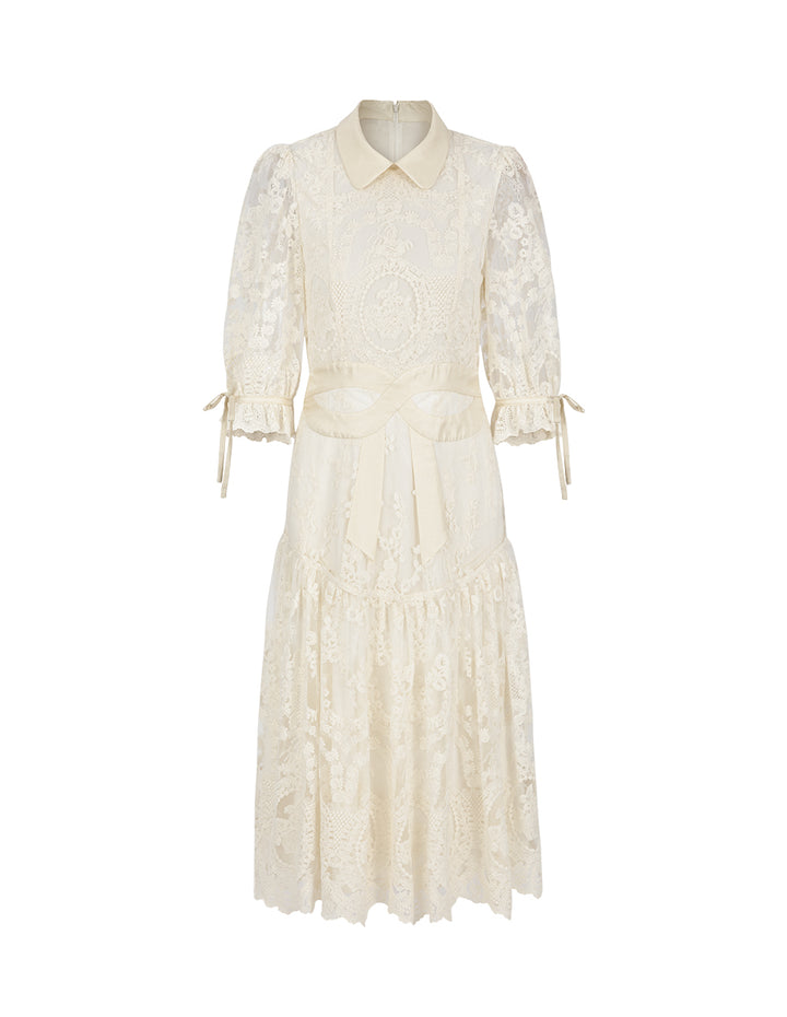 BORA AKSU Peter Pan Collar Lace Panel Pleated Dress