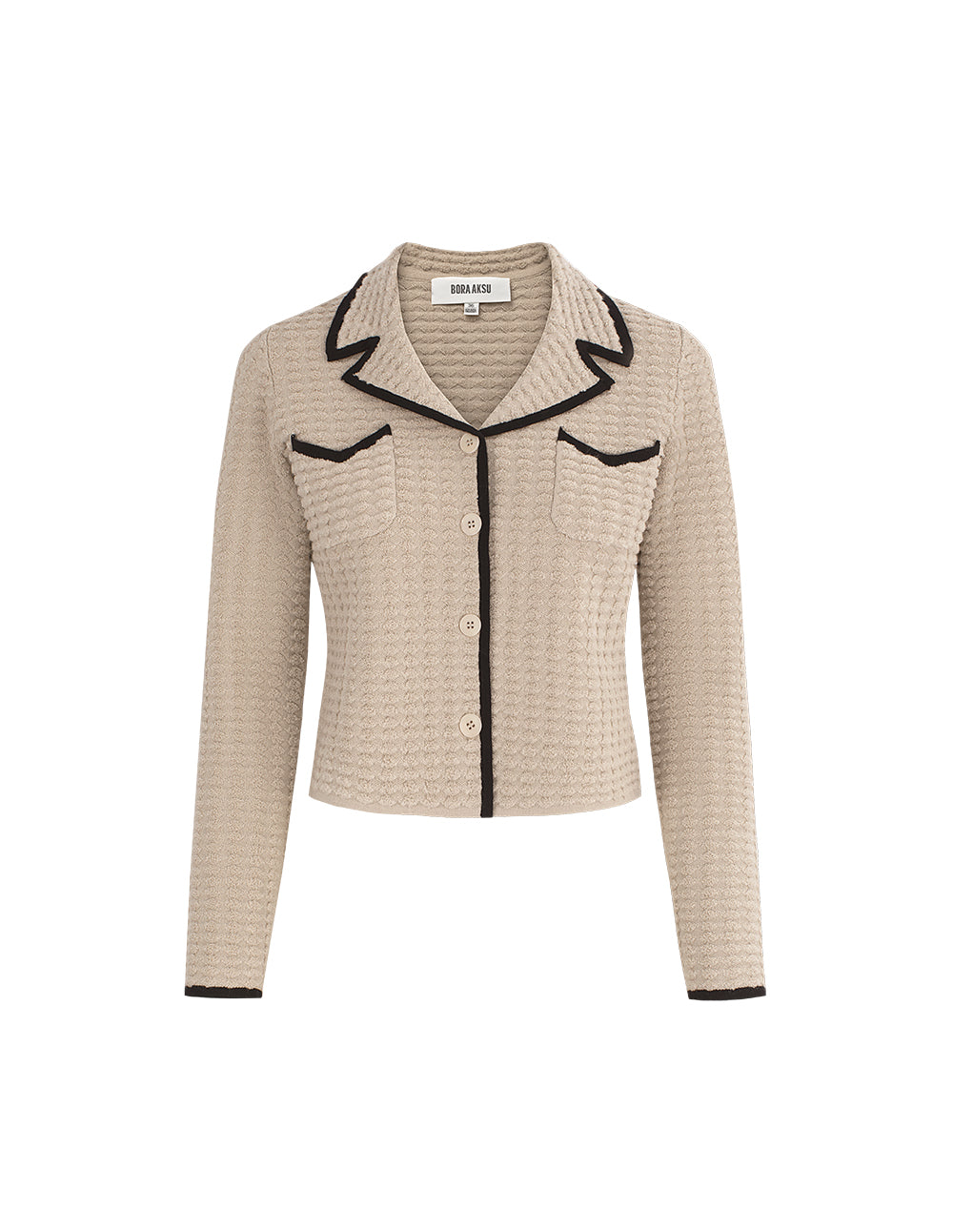 BORA AKSU Notched Collar Camel Black Trim Short 100% Wool Jacquard Knit Cardigan