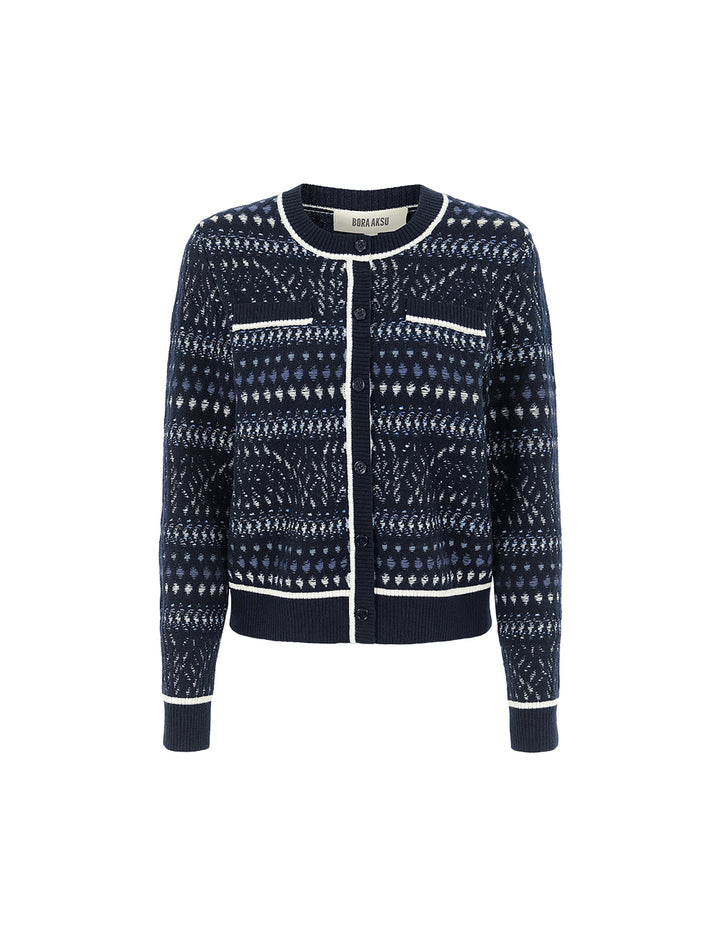 BORA AKSU Round Neck Navy Jacquard Long Sleeve Wool Cardigan