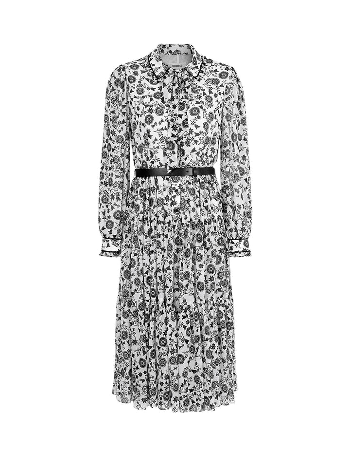 BORA AKSU Retro Lapel Puff Sleeve Printed Belt Dress