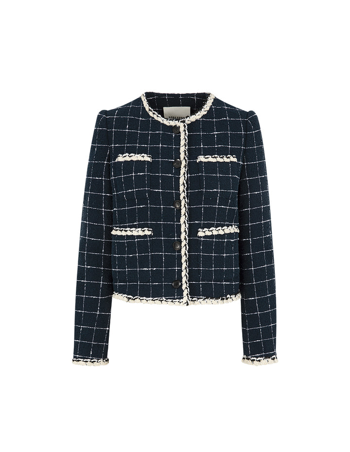 BORA AKSU Crew-Neck Long-Sleeve Stripe-Checkbox Trim Cropped Jacket