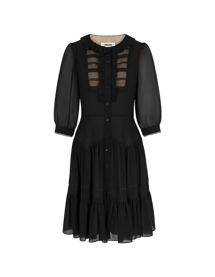 BORA AKSU Ruffled Round-Neck Puff Sleeve Mesh Spliced Pleated Little Black Dress