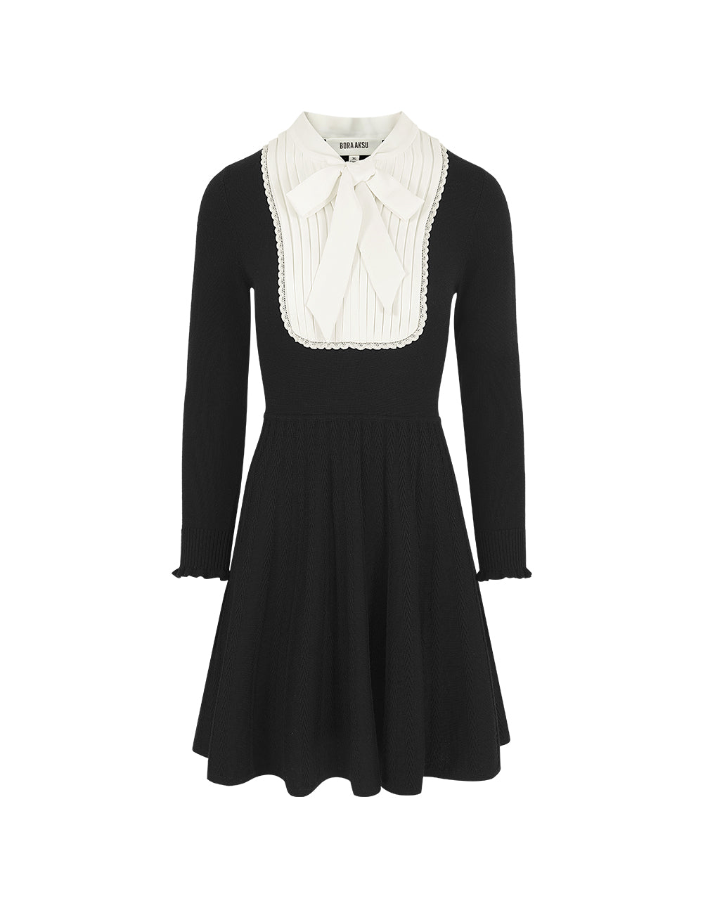 BORA AKSU Butterfly Knot Collar Black Long-Sleeve Knitted Dress