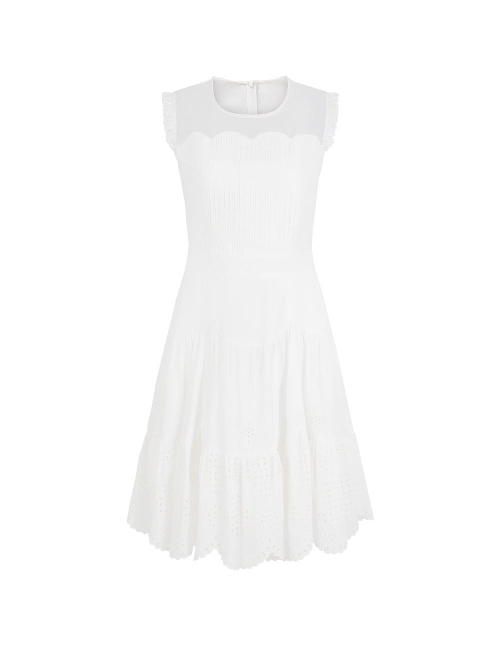 BORA AKSU Round Neck Sleeveless Sheer Pin Tuck Ruffle-Trim A-Line Apron Dress