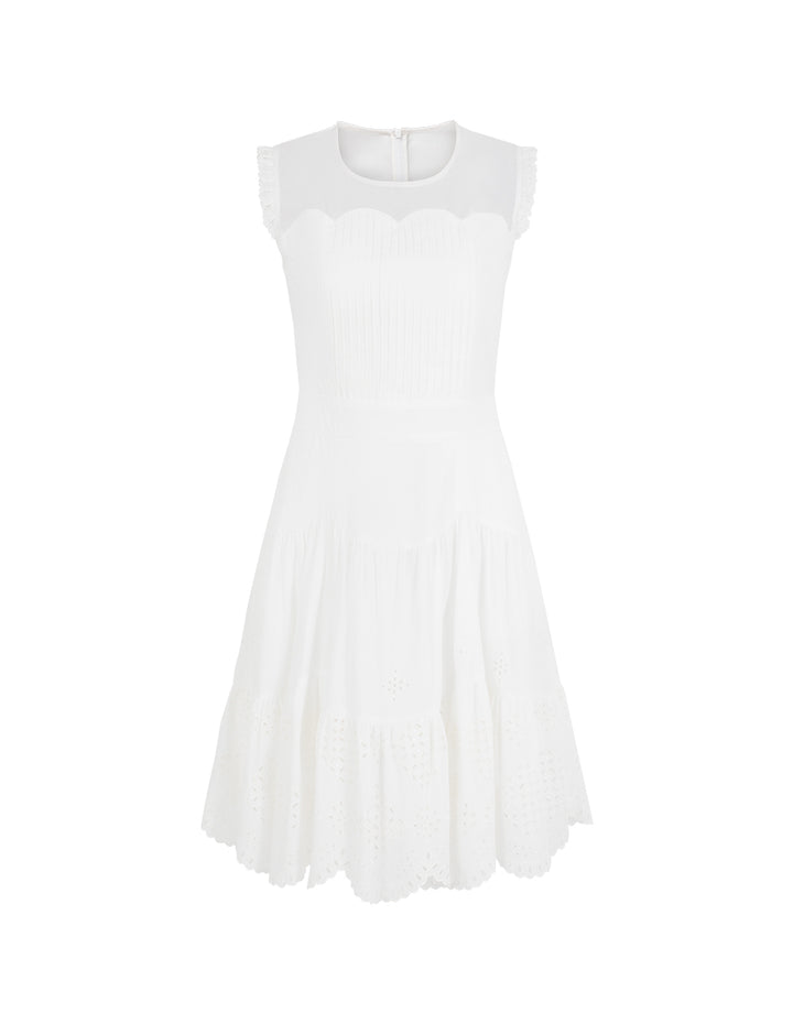 BORA AKSU Round Neck Sleeveless Sheer Pin Tuck Ruffle-Trim A-Line Apron Dress