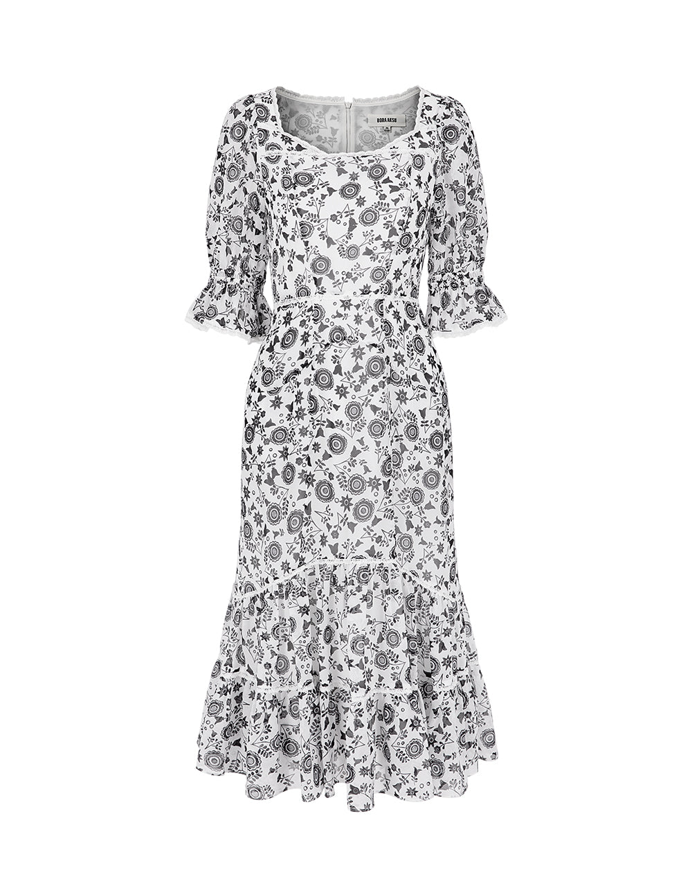 BORA AKSU Retro Square Neck Puff Sleeve Ruffle Print Dress