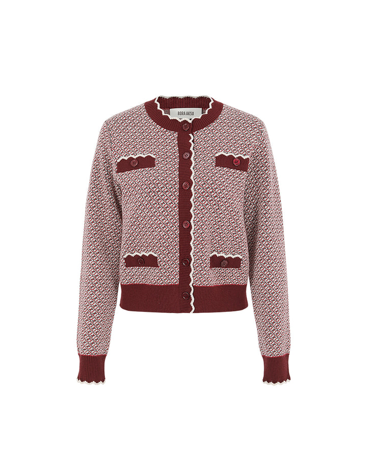 BORA AKSU Round Neck Ruffled-Trim Geometric Print Full Wool Knit Cardigan