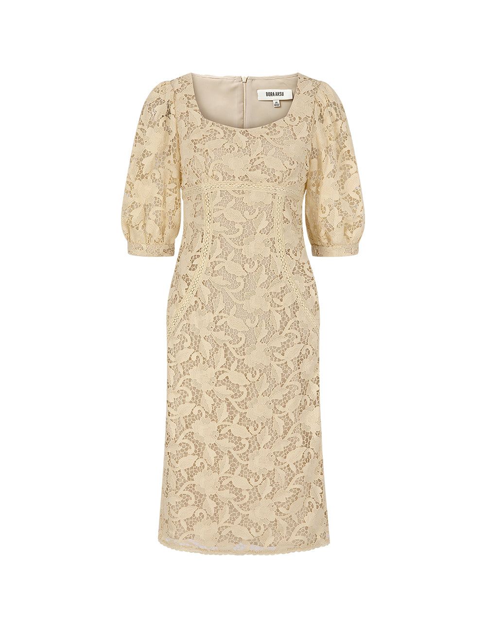 BORA AKSU Beige Fitted Lace Dress With Diamond Square Neck Puff Sleeves