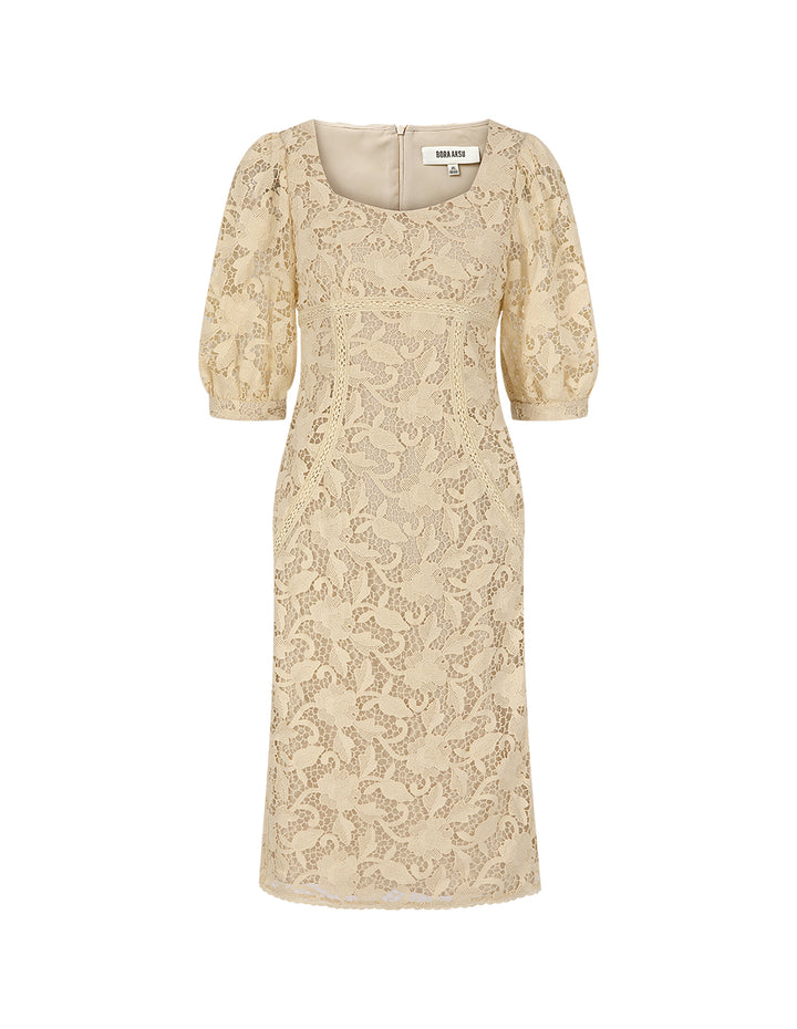 BORA AKSU Beige Fitted Lace Dress With Diamond Square Neck Puff Sleeves