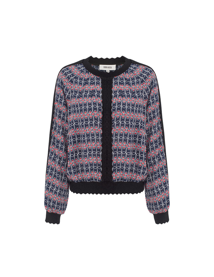 BORA AKSU Ruffled Round Neck Red White Geometric Print Knit Top