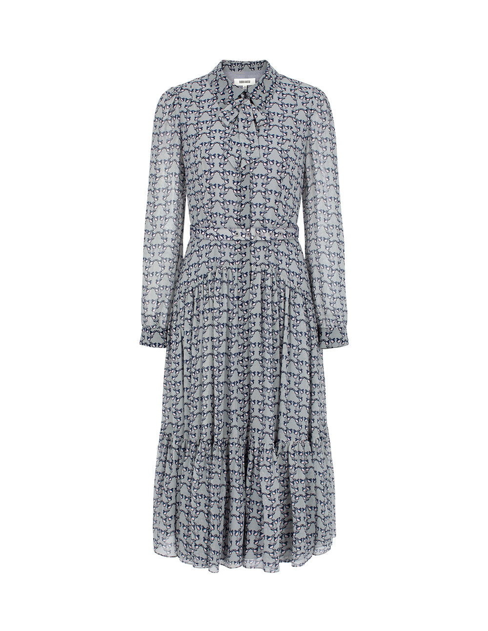 BORA AKSU Bow Ribbon Long Sleeve Hand-Painted Bird Print Pleated Midi Shirt Dress