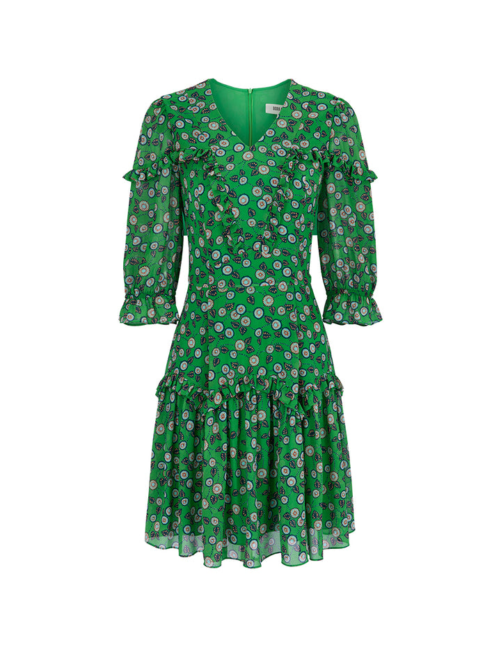 BORA AKSU French V-Neck Pleated Puff Sleeve Printed Dress