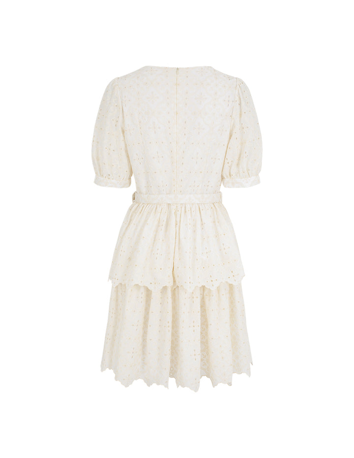 BORA AKSU V-Neck Bubble Short-Sleeve Hollow Out Embroidered Layered Pleated Dress