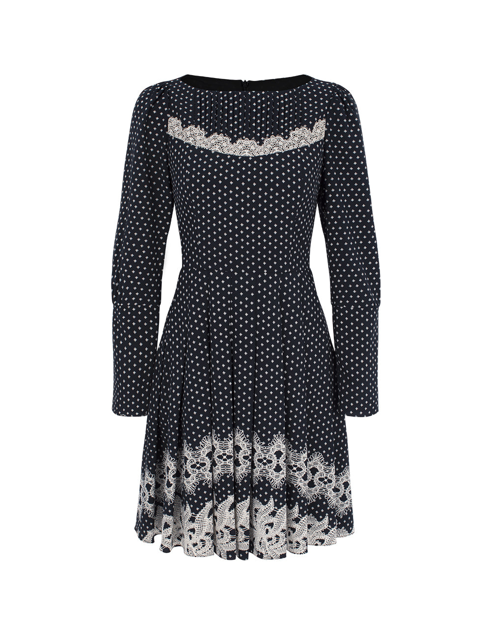 BORA AKSU Boat-Neckline Long Sleeve Lace Trim White Polka Dot Pleated Midi Dress