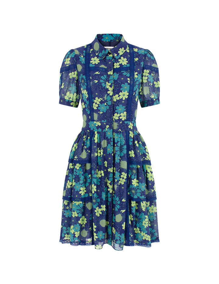 BORA AKSU Lapel Puff Short-Sleeve Floral Print Lace-Trim Pleated Midi Dress