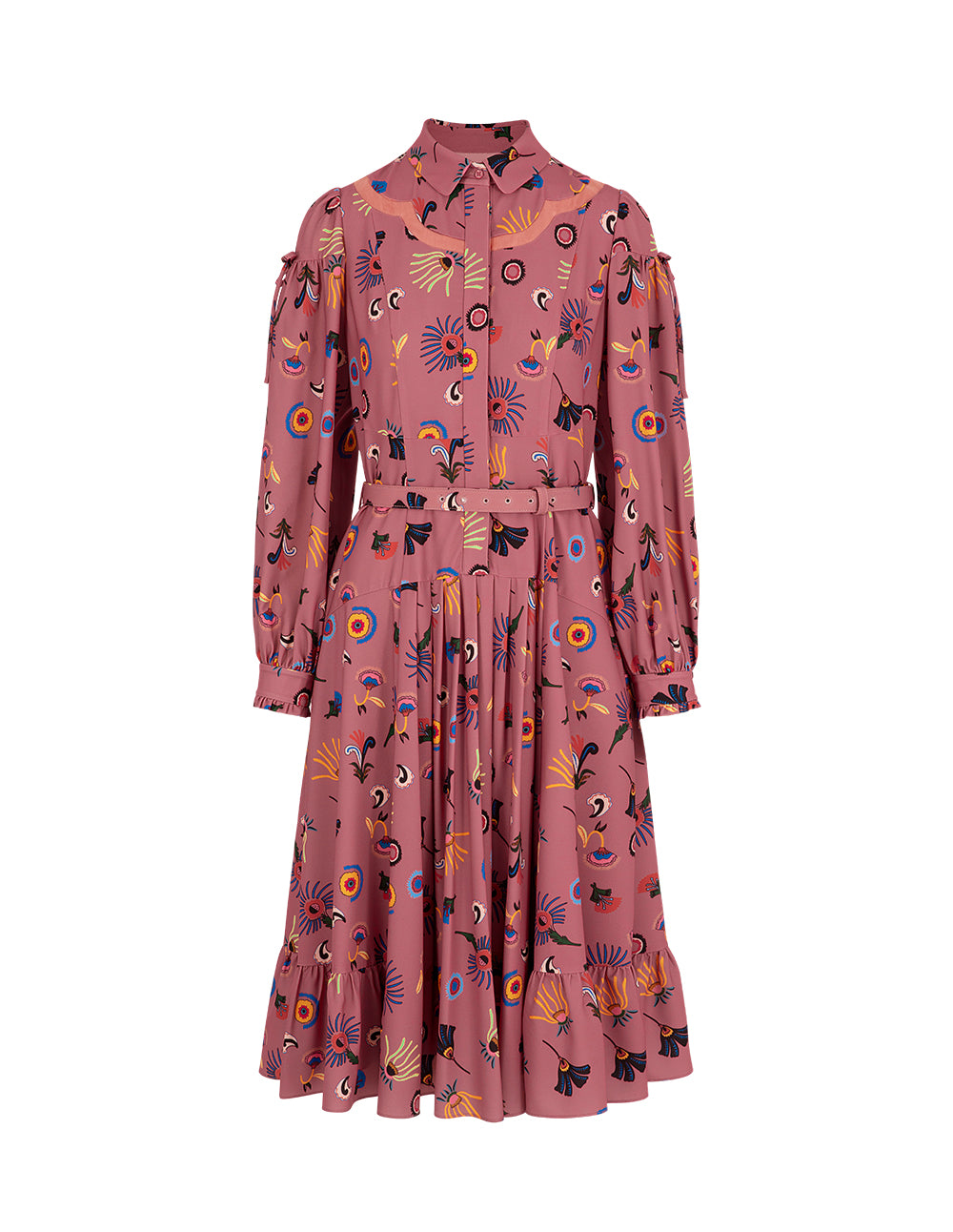 BORA AKSU Bow-Embellished Floral Ruffle Hem Pleated Shirt Dress