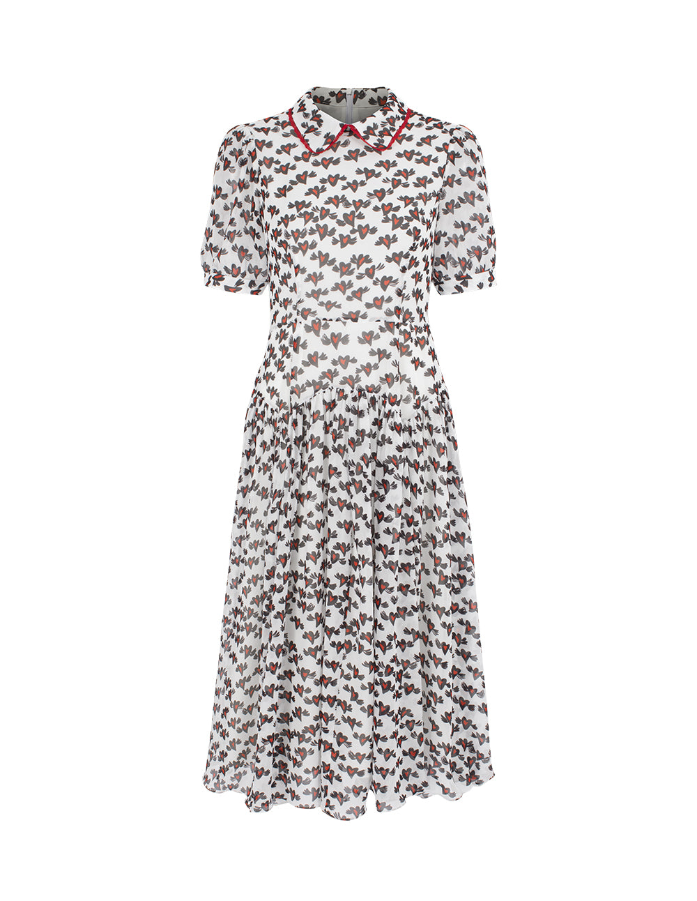 BORA AKSU Peter Pan Collar Puff Short-Sleeve Heart Print Lace-Trim Empire-Waist Pleated Midi Dress